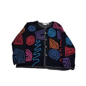 Keren Hart Womens Black Jacket Colorful Abstract Swirl Pattern M Art to Wear